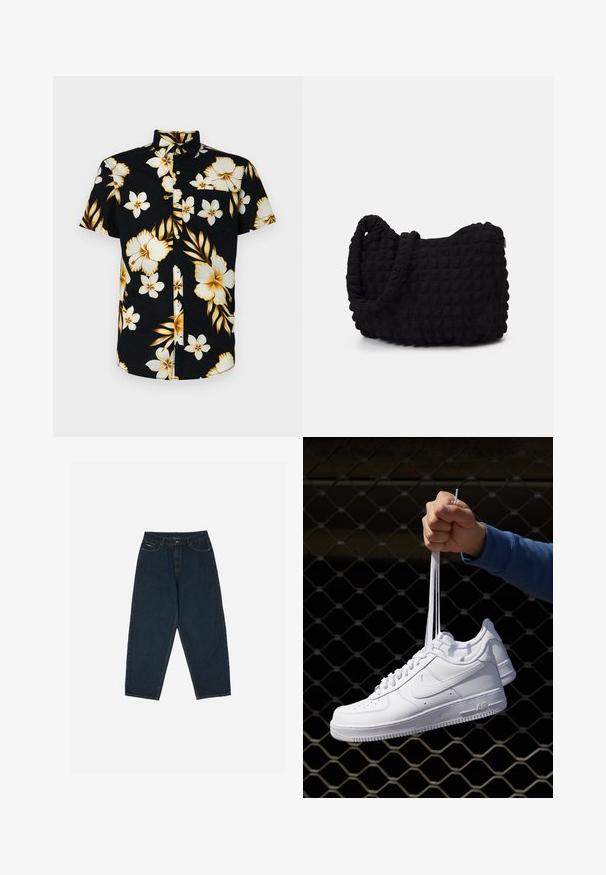 Chemise à manches courtes, noire, avec de grands motifs floraux blancs et dorés, un col classique et une poche sur la poitrine gauche.; Jean taille haute bleu marine avec une coupe décontractée, comprenant cinq poches et une fermeture à bouton. Fabriqué en denim avec une texture lisse.; Baskets en cuir blanc avec perforations, à bout rond, semelle plate et lacets épais, arborant un logo swoosh visible et "AIR" sur le talon.; Sac en tissu noir avec un motif texturé et matelassé. Forme arrondie, poignées courtes et épaisses, et structure souple et flexible.