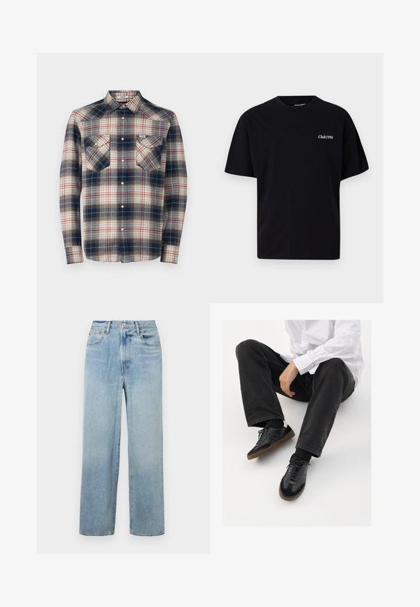 Koszula flanelowa z niebieskim, czerwonym i kremowym wzorem w kratę; długie rękawy; dwie kieszenie na piersi; guziki na perłowym zatrzasku; oraz klasyczny kołnierzyk.; Czarna bawełniana koszulka z okrągłym dekoltem i krótkimi rękawami. Z przodu, po lewej stronie, widnieje biały napis "Club1990". Prosty, nieozdobiony design.; Jasnoniebieskie dżinsy o prostym kroju z wysokim stanem, z pięcioma kieszeniami i delikatnym wytarciem. Surowe wykończenie u dołu i kontrastowe przeszycia.; Czarne sneakersy z gładką i textured cholewką, z gumową podeszwą i ciemnymi sznurowadłami. Połączone z czarnymi dżinsami i bluzką w białe paski.