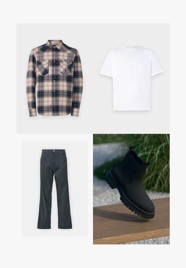 Flanelska srajca z modrim, rdečim in kremnim karirastim vzorcem; dolgi rokavi; dvoje žepov na prsih; biserni gumbi za zapenjanje; in klasičen ovratnik.; Bela bombažna majica s krojem okroglega izreza in kratkimi rokavi. Gladka tekstura, raven kroj, brez vzorcev ali dodatkov. Prikazana je le zadnja stran.; Črne hlače s ravnim krojem, izdelane iz mešanice bombaža. Imajo kovinsko zaponko in stranske žepe. Brez vidnih vzorcev.; Črne gležnjarje z gladkim zaključkom, elastičnimi stranskimi ploščami in debelim, trpežnim podplatom. Postavljeni v naravnem okolju na lesenem površju.