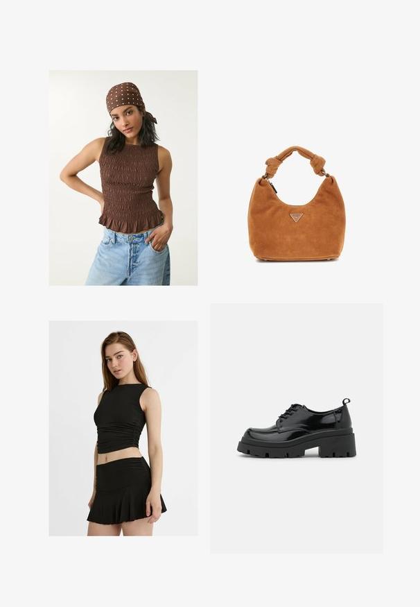 Hnědý nabíraný top bez rukávů s volánkem, vyrobený z texturované tkaniny. Kombinovaný s lehkými modrými džíny. Vzorovaný šátek dodává vzhledu dokonalost.; Černé dvoudílné oblečení zahrnující top bez rukávů s nařasením a rozšířenou mini sukni, obě vyrobené z hladké, elastické látky.; Černé lakované kožené boty s robustní platformou a silnými tkaničkami. Zakulacená špička, minimální detaily a malý pásek na patě.; Hobo taška vyrobená z jemné skořicové semišové kůže s uzlovou rukojetí, s stříbrným trojúhelníkovým logem a zipovým uzávěrem.