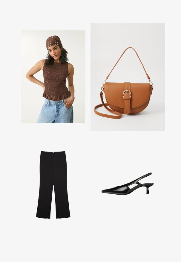 Rjav smockani top s volanastim robom, narejen iz teksturirane tkanine. V kombinaciji s svetloblue denim hlačami. To piko na i doda šal s pikami.; Črne hlače ravnega kroja z naglavnimi žepi in stranskimi razporki na robu. Narejene iz mehke, gladke tkanine. Primerne za različne priložnosti.; Črne patentični usnjeni salonarji s slingback designom, z zašiljenim nosom, izrezanim stranskim dizajnom in majhnim kvadratnim peto. Gladka tekstura z minimalnimi detajli.; Rjava usnjena torbica prek telesa s ukrivljeno obliko, zlate opreme in sponko. Ima odstranljiv naramni trak.