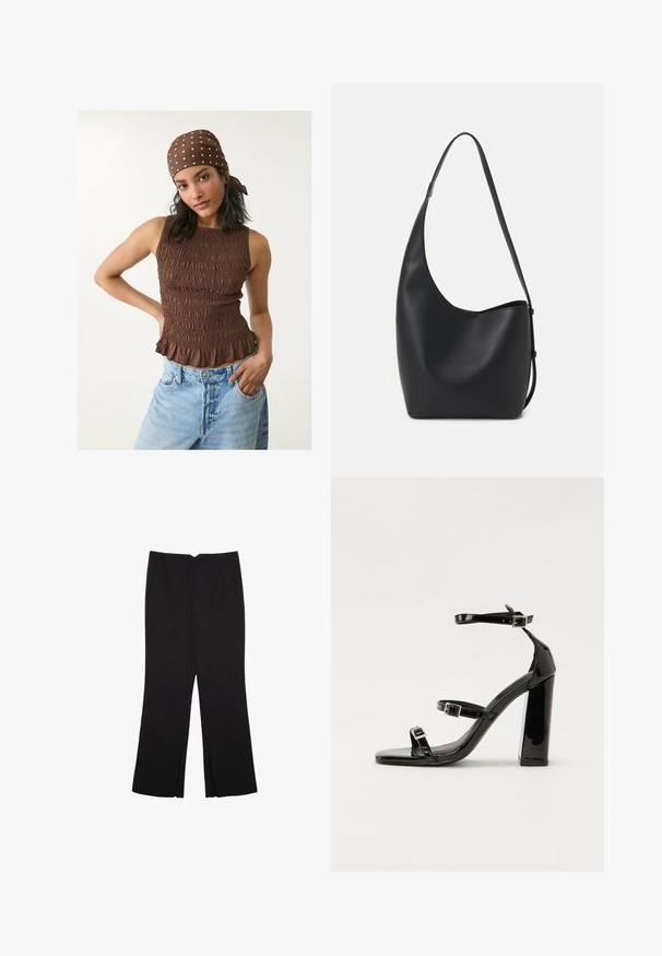 Smeđa smockana majica bez rukava s volanima, izrađena od teksturiranog materijala. Uparena s svijetloplavim trapericama. Marama s točkastim uzorkom upotpunjuje izgled.; Crne hlače ravnog kroja, s prednjim džepovima i bočnim prorezima na rubu. Izrađene od mekog i glatkog materijala. Pogodne za razne prigode.; Crne lakirane sandale na pete sa kvadratnim nosom, trakama oko gležnja i srebrnim kopčama. Imaju čvrst blok petu za stabilnost.; Crna kožna hobo torba s glatkom teksturom, zakrivljenim oblikom i jednom podesivom trakicom; ima širok otvor na vrhu.