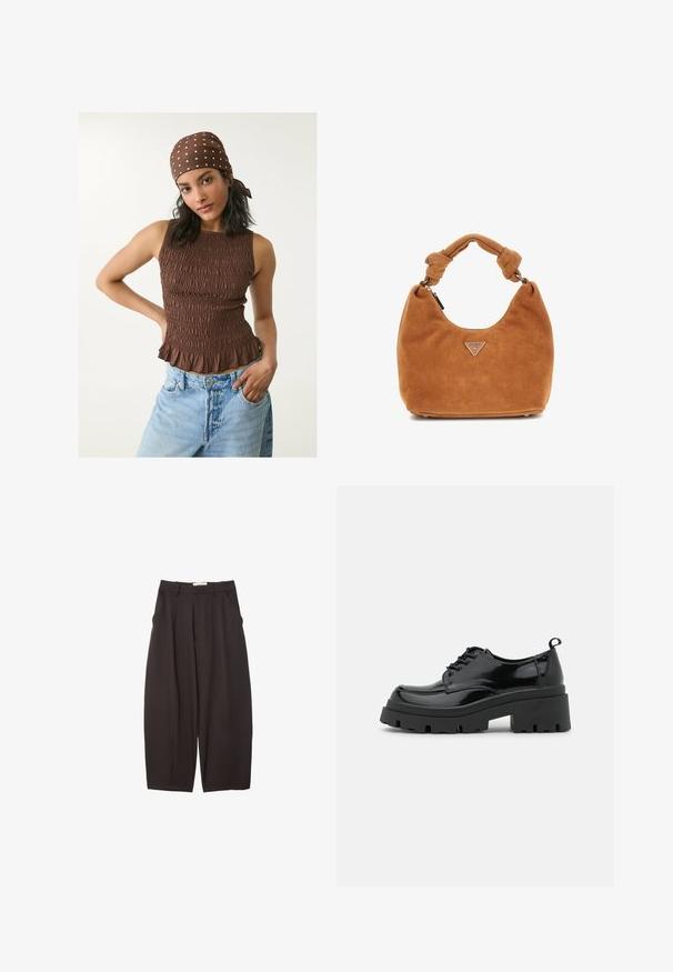 Hnedý smockovaný top s volánovým lemom, vyrobený z textúrovanej látky. Skombinovaný s svetlomodrými džínsami. Doplňujúci bodkovaný šál dotvára look.; Čierne široké nohavice vyrobené z hladkej tkaniny, s vysokým pásom, prednými skladmi a bočnými vreckami. Jednoduchý dizajn bez ozdôb.; Čierne lakované topánky s hrubou platformou a hrubými šnúrkami. Zaoblená špička, minimálne detaily a malá pätka na zadnej strane.; Dámska hobo taška vyrobená z mäkkého svetlohnedého semišu s uzlom na rukoväti, s ozdobným strieborným trojuholníkovým logom a so zipsovým uzatváraním na vrchu.