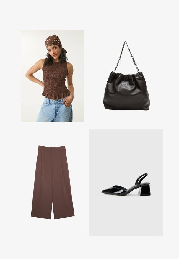Brauner, geraffter Tanktop mit einem rüschenbesetzten Saum, aus einem strukturierten Stoff. Kombiniert mit hellblauen Jeans. Ein gepunkteter Schal rundet das Outfit ab.; Braune Weite-Leg-Hosen mit einer glatten Textur, hoher Taille und Vorderfalten. Der Stoff ist leicht und fällt locker.; Schwarze Lackleder-Slingback-High Heels mit spitzem Schuh und einem geometrischen Blockabsatz. Verfügt über ein schlankes, minimalistisches Design und eine glatte Textur.; Braune Lederhandtasche mit gerafftem Oberteil und Kettenriemen. Glatte Textur mit glänzendem Finish und subtilen Nahtdetails an den Seiten.