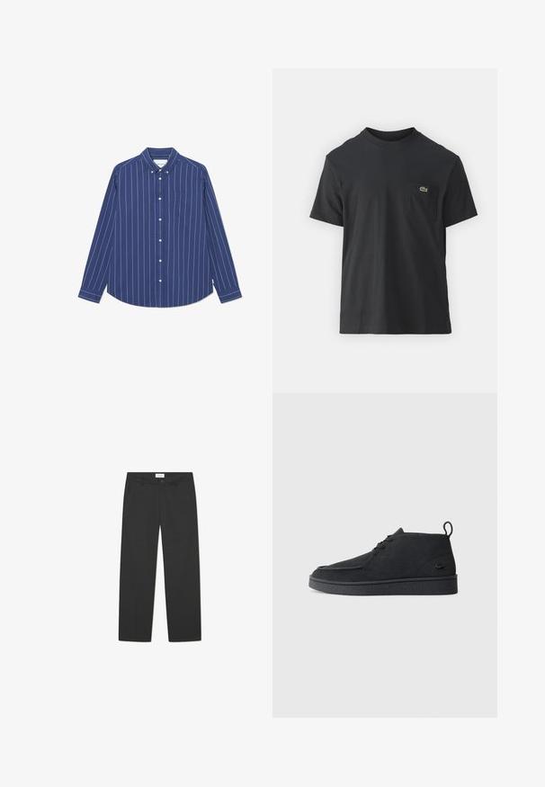 Tamsiai mėlyna marškiniai su baltais vertikaliais dryžiais, ilgomis rankovėmis ir krūtine kišene. Pagaminti iš lygios medžiagos su apykaklės dizainu.; Juodas medvilninis marškinėliai trumpomis rankovėmis, apvaliu iškirpimu ir maža žalia logo kairėje krūtinės kišenėje. Paprastas dizainas, reguliaraus pjaustymo.; Juodi kelniai, pagaminti iš lengvo audinio. Ypatybės: tiesių kojų dizainas su plokščiu priekiu, šoniniais kišeniais ir diskretus juosmuo.; Juodas zomšinės odo aulinukas su raišteliais, turintis traukimą ir tekstūruotą pado dalį, su mažuoju įspaustu krokodilo logotipu šone.