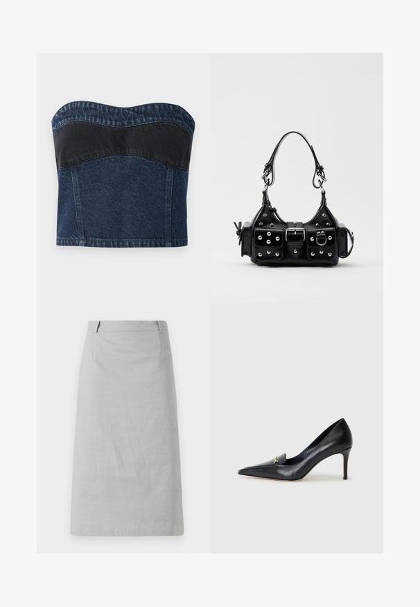 Top fără bretele din denim, cu un design albastru închis, având un panou negru în partea superioară, textură netedă și decolteu în formă curbată.; Fustă gri din creion cu o textură netedă, formă conică și un talie plată, având șanțuri laterale și fără modele sau accente vizibile.; Pantof cu toc din piele neagră, cu vârf ascuțit, decolteu adânc și un accent decorativ auriu. Prezintă un toc stiletto și o textură netedă.; Geantă de piele neagră cu un design curbat, dotată cu studuri argintii, o cataramă și două buzunare laterale. Curea ajustabilă pentru opțiuni de transport.