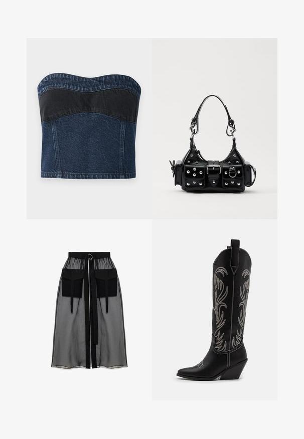 Top fără bretele din denim, cu un design albastru închis, având un panou negru în partea superioară, textură netedă și decolteu în formă curbată.; Fustă neagră transparentă cu un talie plisată, având două buzunare mari în față, un cordon pentru talie și un accent metalic circular.; Bocanci de cowboy din piele neagră, cu vârfuri ascuțite, toc wedge și modele florale brodate cu fir argintiu de-a lungul tijei. Cusături în contrast pe întreaga suprafață.; Geantă de piele neagră cu un design curbat, dotată cu studuri argintii, o cataramă și două buzunare laterale. Curea ajustabilă pentru opțiuni de transport.