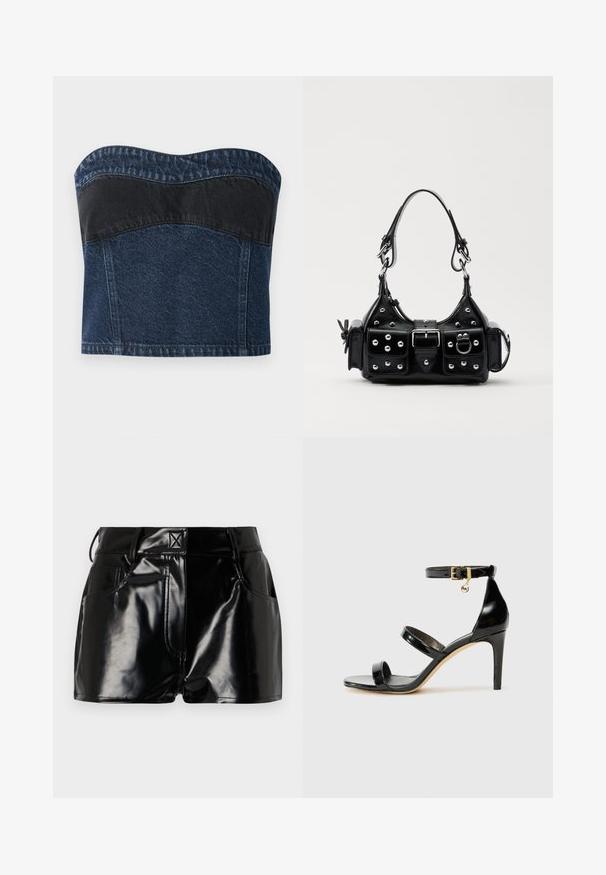 Denim strapless top featuring a dark blue design with a black panel across the upper section, smooth texture, and curved neckline.; Black, glossy shorts made of synthetic material. Features a fitted waist, belt loops, and front pockets with prominent stitching details.; Black patent leather sandal with three straps, ankle buckle, and 4-inch stiletto heel. Features gold hardware detail and logo charm.; Black leather handbag with a curved design, featuring silver studs, a buckle, and two side pockets. Adjustable strap for carrying options.