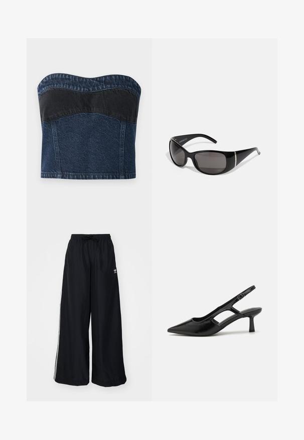 Denim strapless top featuring a dark blue design with a black panel across the upper section, smooth texture, and curved neckline.; Black wide-leg pants made from lightweight fabric. Features an elastic waistband with drawstring and white side stripes. Brand logo on hip.; Black slingback heels with a pointed toe, made of glossy material, featuring cut-out accents and a moderate heel for support.; Black sunglasses with glossy plastic frames, gradient gray lenses, and silver-tone accents on the sides. Sleek, curved design.