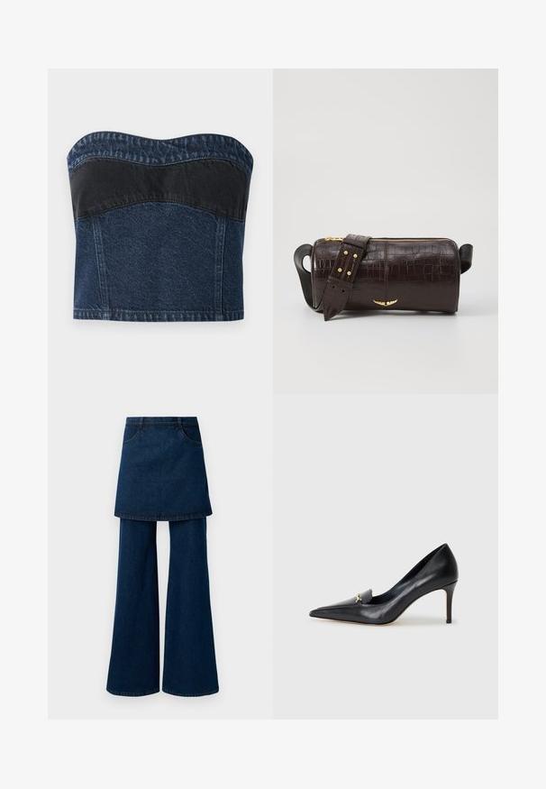 Denim top brez naramnic, ki ima temno modro zasnovo s črnim panelom v zgornjem delu, gladko teksturo in ukrivljen izrez.; Temno modri kavbojke z večplastnim krilom, ki imajo široke noge in žepe, ter so zaključene s čistim robom in klasičnim šivanjem.; Črne usnjene pumpe s špicastim nosom, nizkim vampom in dekorativnim zlatim akcentom. Imajo stiletto peto in gladko teksturo.; Brah blaženka iz rjavega usnja z embosiranim krokodilom, cilindrične oblike, zlatih kovinskih elementov in odstranljivim pasom, ki vsebuje žebljičke.