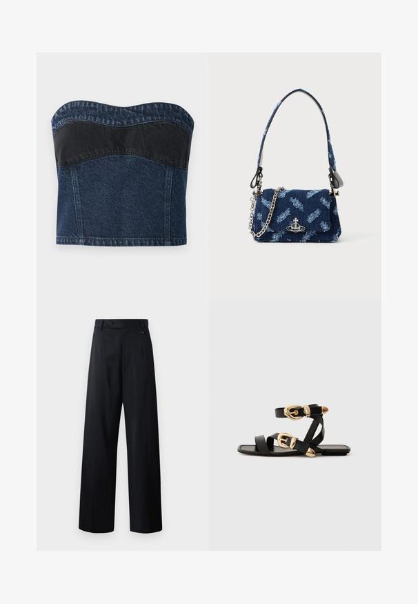 Top bez ramiączek z denimu, w ciemnoniebieskim kolorze, z czarną wstawką w górnej części, gładką fakturą i zaokrąglonym dekoltem.; Spodnie szerokie w ciemnym granacie, z zapięciem na guzik, przednimi zakładkami oraz gładkim materiałem o czystym, dopasowanym kroju.; Czarne skórzane sandały z złotymi klamrami, z wieloma paskami i płaską podeszwą, idealne do noszenia na gołe palce.; Granatowa torebka z tkaniny o textured wzorze, ze srebrnymi akcentami i odpinanym łańcuchem. Posiada zapięcie na klapkę oraz akcent z logo.
