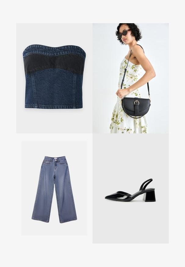 Denim strapless topp med et mørkeblått design og et svart panel over den øverste delen, glatt tekstur og buet utringning.; Bredde ben jeans i lys blå vask, med høy livhøyde, frontlommer og knappelukking med beltehemper.; Svarte patentlær slingback hæler med spiss tå og geometrisk blokk hæl. Har et stilrent, minimalistisk design og jevn tekstur.; Svart lærveske med en buet form, avtagbar stropp og gullbeslag. Vesken har et klaff med spenne-detall.