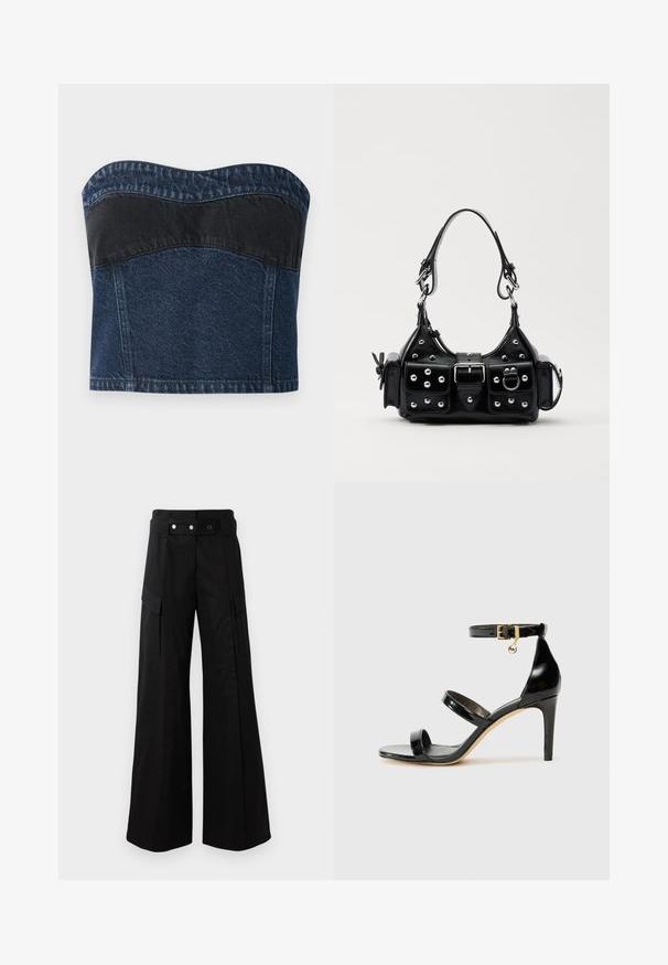 Džinsinis begalinio petnešų viršus su tamsiai mėlynu raštu ir juoda plokšte viršutinėje dalyje, lygiu tekstūru ir išlenktu iškirpimu.; Juodos platėjančios kelnės su aukštu juosmeniu, turinčios dideles šonines kišenes, dvi priekinės mygtukus ir kilpelės detalę. Pagamintos iš tvirto audinio.; Juodas patentuotas odinis sandalai su trimis diržais, kulkšnies sagtimi ir 4 colių stiletto kulnu. Yra aukso detalės ir logotipo žavesys.; Juodas odinis rankinukas su kreiviu dizainu, su sidabro spalvos knopkėmis, užsegimu ir dviem šoninėmis kišenėmis. Reguliuojama dirželis nešimui.