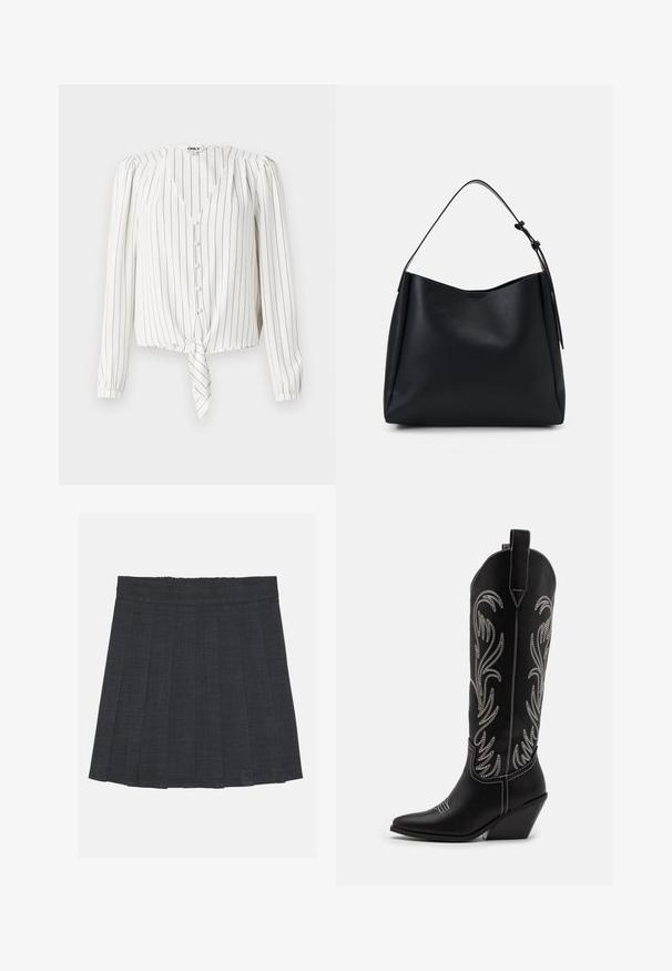 Hvit skjorte med lange ermer og vertikale svarte striper, har V-hals, knappelukking og knyttet frontkant. Glatt stofftekstur.; Mørkegrå plissert skjørt med elastisk midje, med teksturert stoff og en klassisk A-linje silhuett. Passer for hverdagsbruk.; Sorte lær cowboy støvler med spidse tæer, kilehæle og sølv broderede blomstrer mønstre langs skaftet. Kontrast syning hele vejen igennem.; Svarte skinn hobo-veske med en enkelt skulderreim, glatt tekstur, avsmalnet topp og minimalistisk design uten synlig maskinvare.
