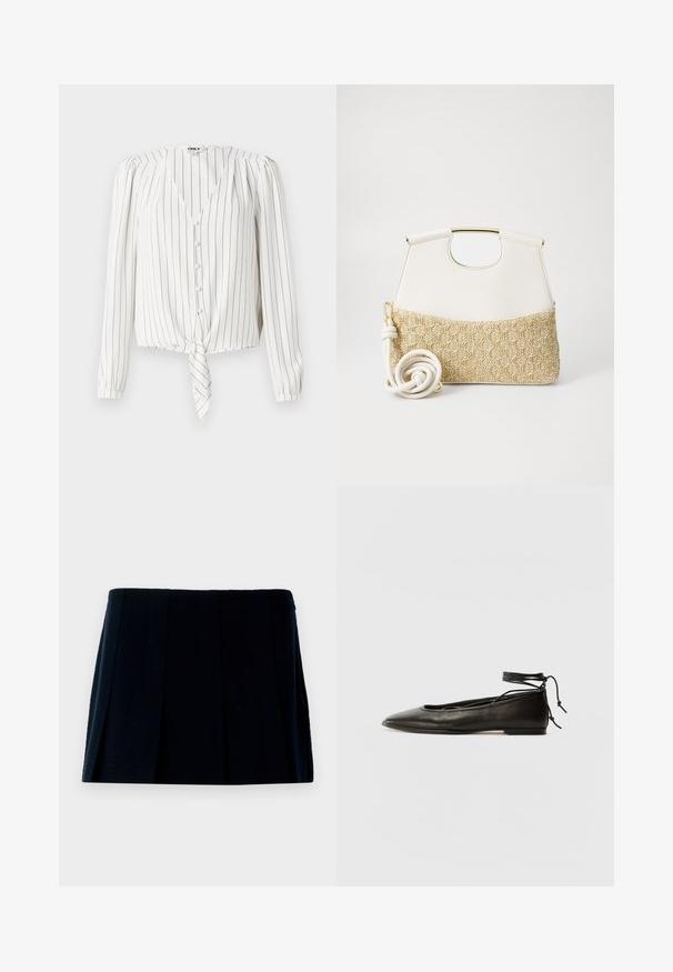 Bílá halenka s dlouhými rukávy a vertikálními černými pruhy, má výstřih do V, zapínání na knoflíky a uvázaný přední lem. Hladká textura látky.; Bílé bezrukávové tričko z žebrované látky, které má kulatý výstřih a malé knoflíky podél levého bočního švu pro detail.; Černá plisovaná mini sukně vyrobená z látky. Má rovný pas a více vertikálních záhybů pro tvar a strukturu.; Černé kožené baletky s špičatou špičkou, vázáním na kotníku a plochou podrážkou, s hladkým povrchem a minimalistickým designem.; Bílá kožená kabelka s texturovaným krémovým tkaným dnem. Obsahuje zlatou rukojeť a stočený bílý popruh pro variabilitu.