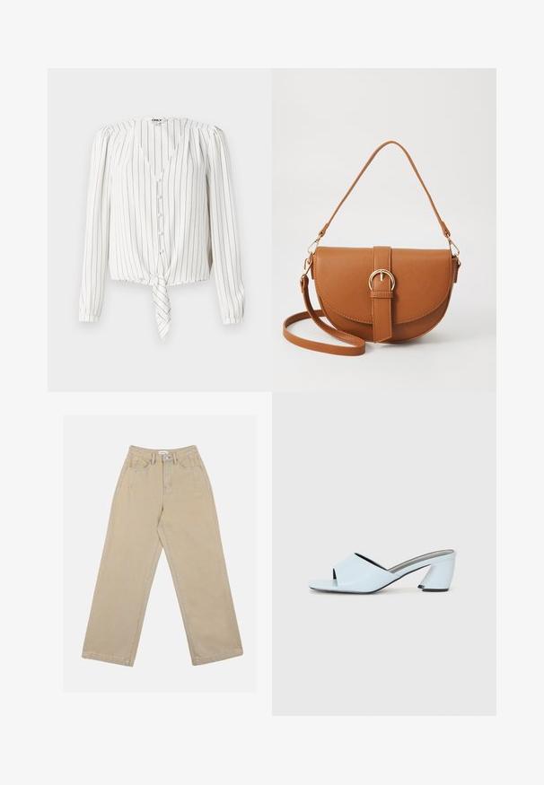 Balta ilgomis rankovėmis palaidinė su vertikaliomis juodomis juostelėmis, turi V formos iškirptę, mygtukų užsegimą ir suknisto priekio hemą. Lygus audinio tekstūra.; Bežinės platesnės džinsinės kelnės su aukštu liemeniu, priekinėmis kišenėmis ir kontrastingais siūlais. Dizainas apima mygtuko užsegimą.; Šviesiai mėlynos atvirų pirštų kulno mules su geometriniu dizainu, turinčios plačią juostą per pėdą ir stambų, kampuotą kulną.; Ruda odinė kryžminė rankinė, turinti kreivą formą, auksinius metalinius elementus ir sagtį. Yra nuimama petneša.