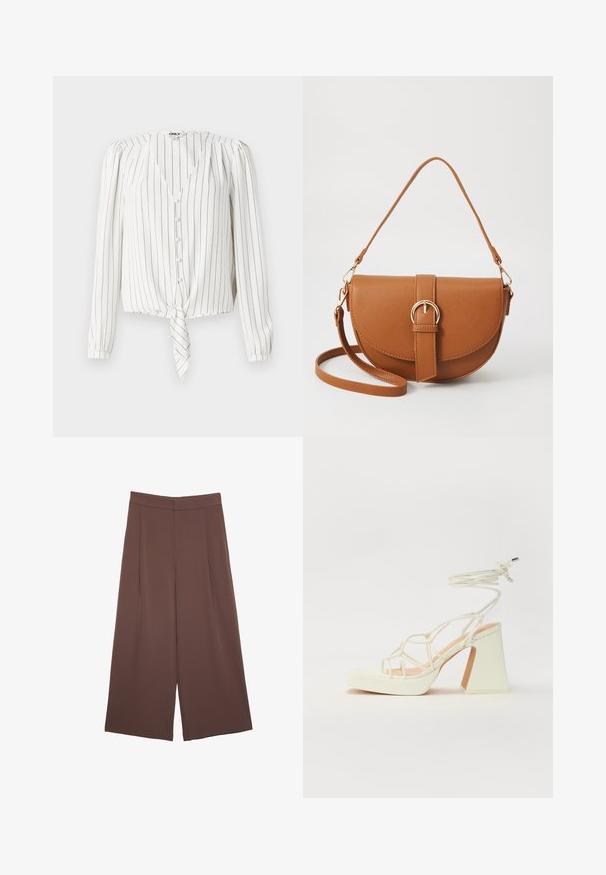 Bela bluza z dolgimi rokavi z navpičnimi črnimi črtami, z V-izrezom, gumbom za zapiranje in zavezanim sprednjim robom. Gladka tekstura tkanine.; Rjave široke hlače z gladko teksturo, ki imajo visok pas in sprednje naborke. Tkanina je lahka in prosto pada.; Bela sandala na visokih petah s debelim petam, ki ima obliko trakcev in vezanje okoli gležnja. Gladka tekstura z platformo spredaj za dodatno višino.; Rjava usnjena torbica prek telesa s ukrivljeno obliko, zlate opreme in sponko. Ima odstranljiv naramni trak.