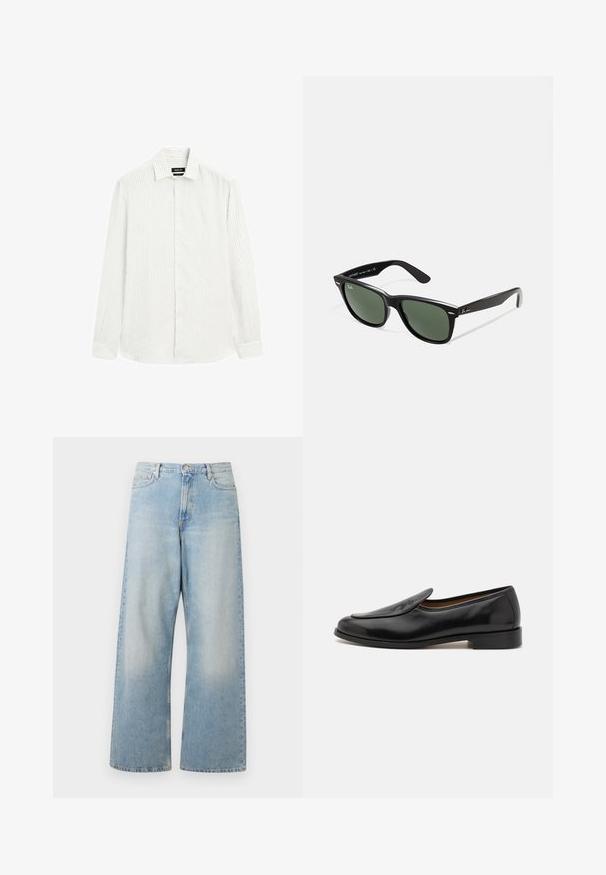 Langarmhemd in Hellgrau mit subtilen vertikalen Streifen. Button-down-Kragen, durchgängige Knopfleiste und Ein-Knopf-Manschetten. Strukturiert gewebter Stoff.; Helle blaue weit geschnittene Jeans aus Denim, mit hoher Taille, Fronttaschen und einem ausgewaschenen Look mit subtilen Abzeichen an den Oberschenkeln.; Schwarze Lederloafer mit glatter Oberfläche, abgerundetem Zehenbereich, niedrigem Absatz und seitlichen Schlitzen für einfaches Anziehen. Mit einem dezenten Logo-Detail auf der Vorderseite.; Schwarze Plastiksonnenbrille mit grünen Gläsern, quadratischen Rahmen, silbernem Akzent auf der Augenbraue und strukturierten Bügeln. Angegebene Marke auf dem inneren Bügel.; Kettenhalskette in Gold mit einem schlichten Kreuzanhänger. Die Kette ist mit einem feinen Gliederdesign strukturiert, und der Anhänger ist glatt mit einer polierten Oberfläche.