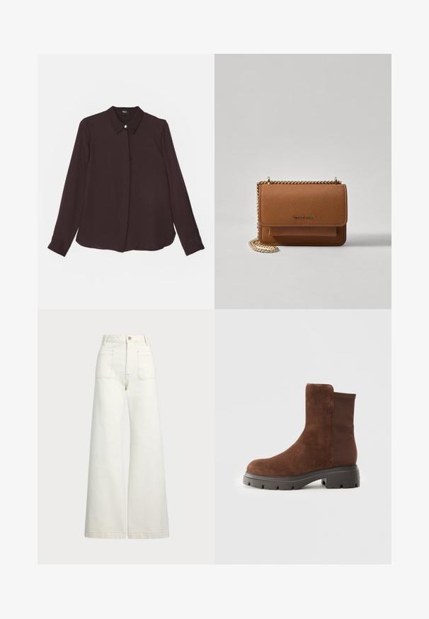 Theory CLASSIC FITTED - Paitapusero - hickory; Reisitaskuhousut vaaleanvalkoisesta denimestä. Korkea vyötärö, napitus, kaksi etutaskua ja kontrastiväriset ompeleet.; Ruskea mokkanahkainen nilkkuri, jossa on joustavat sivupaneelit, pyöreä kärki ja paksu kumipohja, jossa on teksturoitu kulutuspinta.; Ruskean teksturoidun nahkasta valmistettu crossbody-laukku, jossa on kultaketjuhihna ja läppäkiinnitys. Edessä on logodetail ja tasku läppäisen alla.