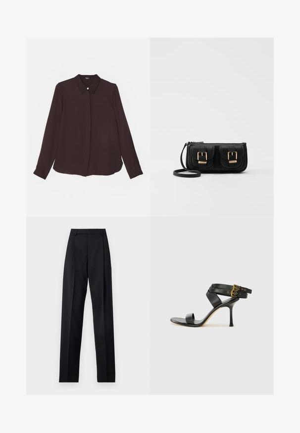 Theory CLASSIC FITTED - Hemdbluse - hickory; Schwarze Hosen aus glattem Stoff mit hoher Taille, weitem Bein, vorderen Falten und klassischen Gürtelschlaufen. Keine sichtbaren Seitentaschen.; Schwarze Absatzsandale mit gekreuzten Riemen und verstellbarem Schnallenverschluss. Sie verfügt über eine glatte Textur und einen schmalen Stiletto-Absatz.; Schwarze Leder-Umhängetasche mit zwei vorderen Taschen, goldenen Schnallen, Reißverschluss und einem schmalen Tragegurt. Texturierte Oberfläche und kompakte rechteckige Form.