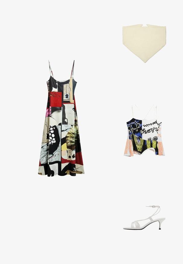 Desigual DOUBLE-STRAP - Linne - white; Klänning med tunna axelremmar, flerfärgad lapptäckesdesign med abstrakta mönster i rött, svart och vitt. Mjuk tygkvalitet.; Vita högklackade sandaler med tunn ankelrem, öppen tå och flera korsande remmar. Blanka ytan och smal svart sula.; Krämfärgad triangulär bandana i mjukt material, med en slät yta och två spetsiga änder.