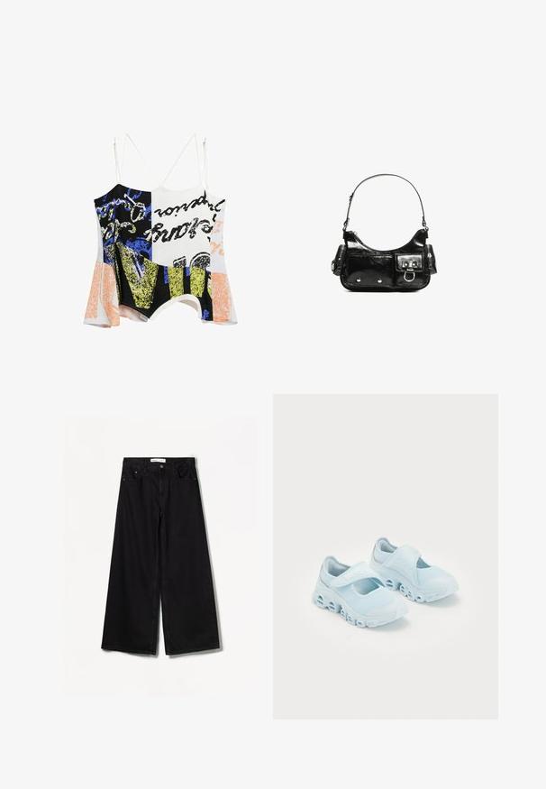 Desigual DOUBLE-STRAP - Top - white; Bershka WIDE-LEG - Wide Leg - black; Helle blaue Sneaker aus Mesh-Stoff, mit auffälligen Ausschnitten in der Sohle und einem Klettverschlussriemen oben für einen sicheren Sitz.; Schwarze Lackleder-Handtasche mit geschwungenem Design, einem Schulterriemen, Vordertaschen und silberfarbenen Hardware-Akzenten.