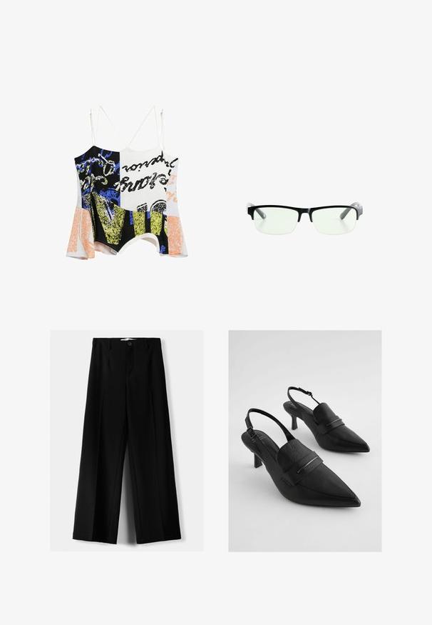 Desigual DOUBLE-STRAP - Top - white; Schwarze weite Hosen aus leichtem Stoff, mit einem Knopfverschluss vorne und flachem Bund, mit sorgfältig genähten Säumen.; Schwarze Leder-Slingback-Absätze mit spitz zulaufenden Zehen, ausgestattet mit einem breiten Vorderband und Akzenten aus silberfarbenem Metall. Strukturierte Oberfläche, mittelhoher Absatz.; Schwarze rechteckige Brille mit klaren Gläsern, ausgestattet mit schlanken schwarzen Rahmen und grauen transparenten Bügelspitzen. Minimalistisches Design, keine sichtbare Markenkennzeichnung.; Schwarze Lederhandtasche mit geschwungener Form, abnehmbarem Tragegurt und goldenen Beschlägen. Die Tasche verfügt über einen Deckel mit einer Schnallen-Details.