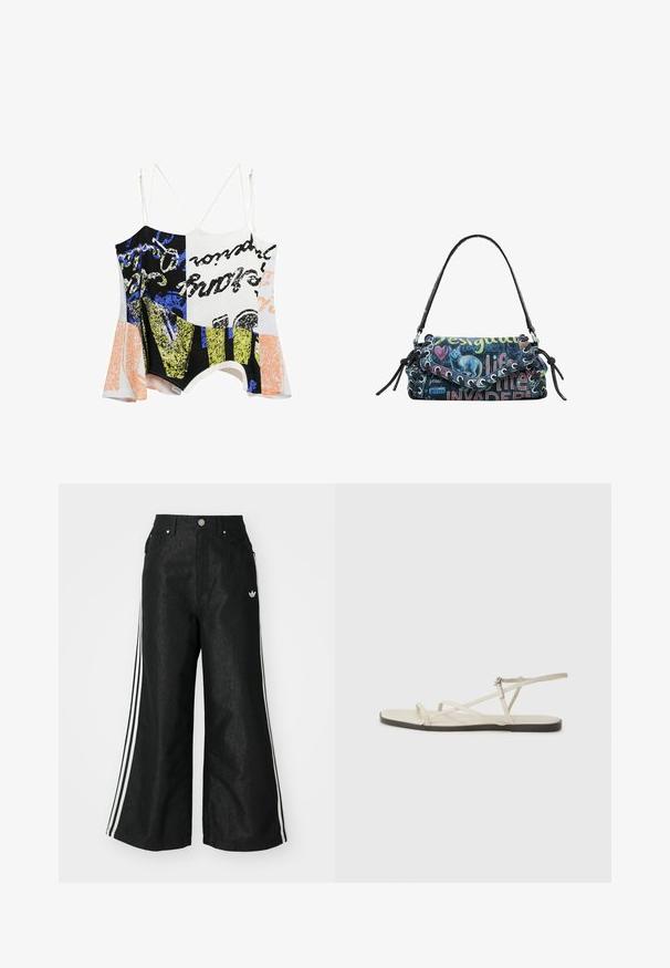Desigual DOUBLE-STRAP - Top - white; Crne široke traper hlače s tri bijele pruge sa svake strane i malim bijelim logom. Ima prednje džepove i preklop s gumbom.; Bež sandala na ravnom potplatu s više tankih trakica i podesivom kopčom. Potplat je ravan s blagim tamnim kontrastom na rubu.; Višebojna platnena torba sa grafikom mačke i printanim tekstom, koja ima zakrivljeni oblik, gornju ručku i dekorativne čipkane detalje.