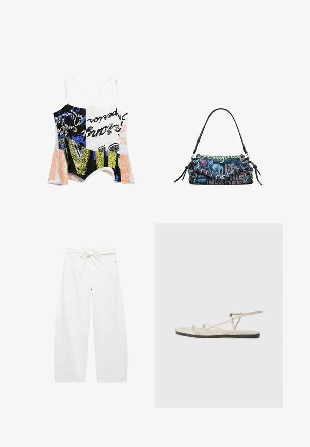 Desigual DOUBLE-STRAP - Top - white; Pantaloni bianchi a gamba larga realizzati in tessuto leggero, con vita regolabile con cordino, due tasche frontali e semplici dettagli in metallo.; Sandal in beige piatta con multiple cinghie sottili e una fibbia regolabile. La suola è piatta con un leggero contrasto scuro lungo il bordo.; Borsa a tracolla in tela multicolore con grafica di un gatto e testo stampato, caratterizzata da una forma curvilinea, manico superiore e dettagli decorativi con lacci.
