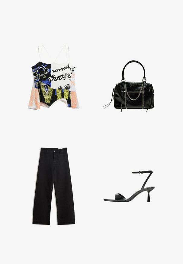 Desigual DOUBLE-STRAP - Top - white; Sorte wide-leg denim bukser med høj talje, der har front- og baglommer, syede sømme og en knaplukning. Glat tekstur.; Bershka Højhælede sandaletter / Højhælede sandaler - black; Bershka WITH CHAIN - Håndtasker - black