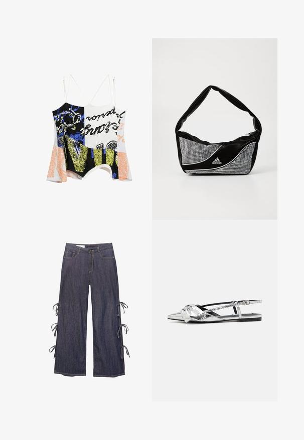 Desigual DOUBLE-STRAP - Top - white; Mørkeblå denim bukser med bred benvidde, sidelukninger og knaplukning. Har forlommer og en afslappet silhuet.; Sølvmetallic slingback flade sko med spids tå, der har en knude-detalje foran og en justerbar rem for sikker pasform.; Sort og sølv adidas taske med en glat tekstur, prydet med et skinnende nittermønster og et karakteristisk buet design.