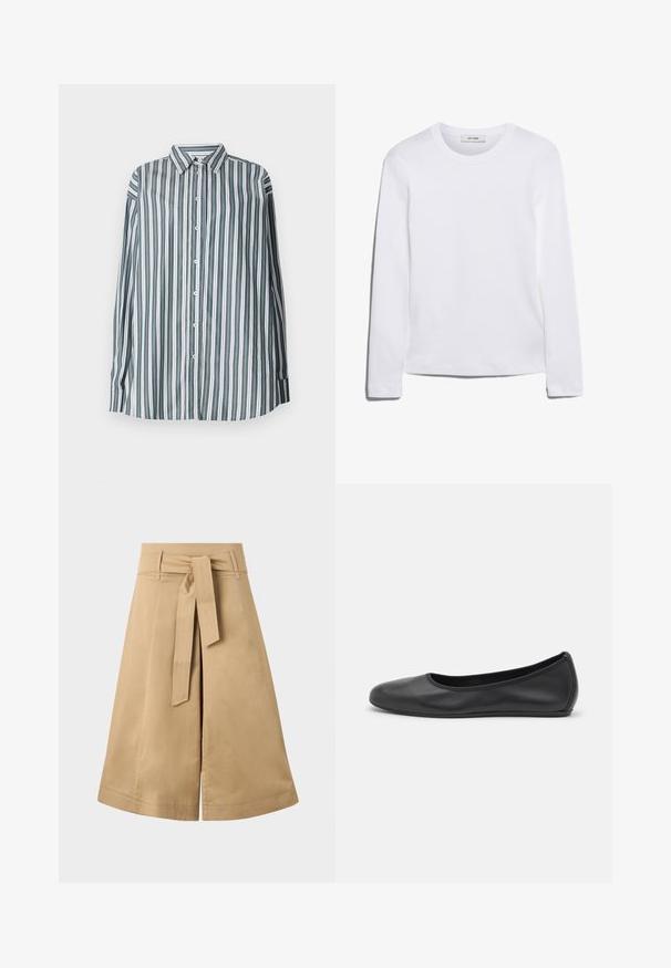 Striped button-up shirt in green, white, and gray. Features long sleeves, a classic collar, and a loose fit. Made from lightweight fabric.; Long-sleeve white T-shirt made of ribbed cotton, featuring a round neckline and a straight hem. Simple design with no patterns or accents.; Khaki midi wrap skirt with a tie belt, made of lightweight cotton, featuring a flared silhouette and visible stitching details.; Black leather ballet flat with a rounded toe, smooth texture, minimal stitching detail, and a flexible sole design.