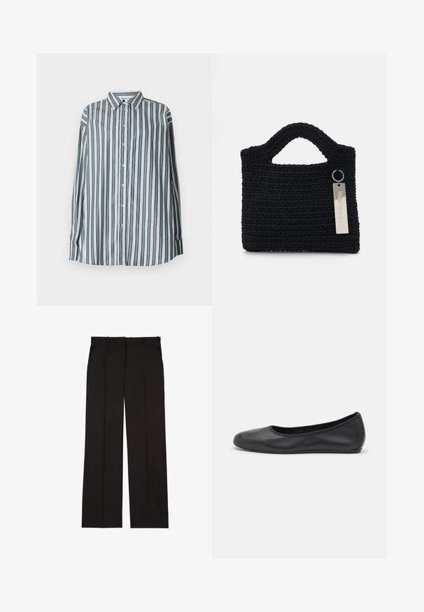 Pruhovaná košile na knoflíky v zelené, bílé a šedé barvě. Má dlouhé rukávy, klasický límec a volný střih. Vyrobena z lehké tkaniny.; Černé elegantní kalhoty na míru vyrobené z hladké látky, s rovnými nohavicemi a dvěma postranními kapsami. Elegantní a minimalistická konstrukce.; Černé kožené baletní byty s kulatou špičkou, hladkou texturou, minimálními švy a flexibilním designem podrážky.; Won Hundred MARSIELLE COMPUTER BAG UNISEX - Taška na laptop - black