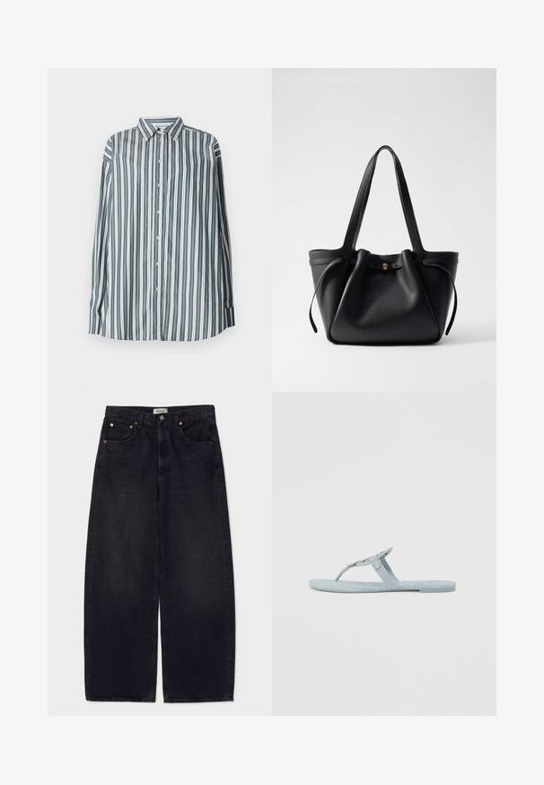 Pruhovaná košeľa so zapínaním v zeleno-bielej a šedej farbe. Má dlhé rukávy, klasický golier a voľný strih. Vyrobená z ľahkej tkaniny.; Džínsy s širokým strihom v čiernej farbe, s medenými gombíkmi, dvoma prednými vreckami a hladkým povrchom. Čistý dizajn so rovnými nohavicami.; Svetlomodré žabky vyrobené z textúrovaného materiálu. Vyznačujú sa jednoduchým dizajnom s prstovým pásikom a plochou podrážkou. Žiadne ďalšie akcenty alebo vzory.; Čierna kožená taška na rameno s dvoma dlhými popruhmi, sťahovaným vrcholom a zlatým kruhovým akcentom. Hladký povrch s minimalistickým dizajnom.