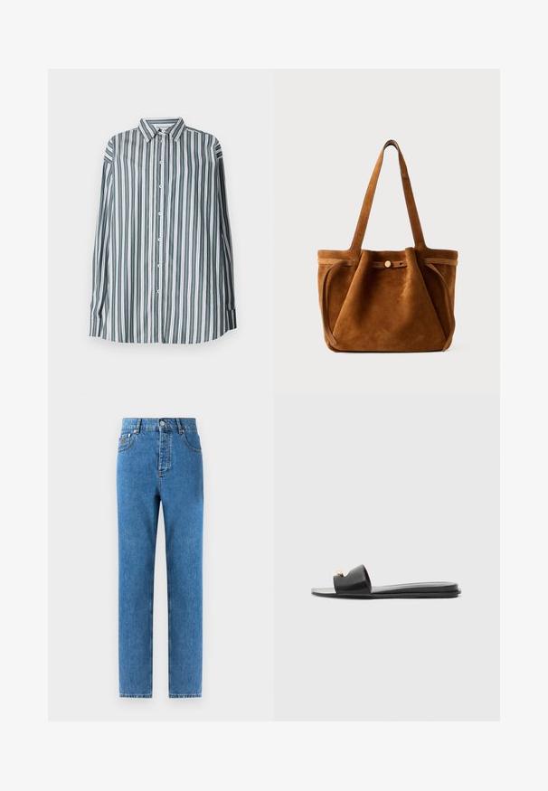 Dryžuota marškinė su mygtukais žalia, balta ir pilka spalvomis. Turi ilgomis rankovėmis, klasikinį apykaklę ir laisvą siluetą. Pagaminta iš lengvos medžiagos.; Mėlynos džinsinės kelnės vidutinio atspalvio, tiesaus kirpimo, su penkiomis kišenėmis, mygtukų sagstymu ir šviesiu nublukimu audinyje, kad suteiktų subtilų tekstūros skirtumą.; Juodi šlepetės su plačiu viršumi, lygaus odos tekstūros, atvira koja ir aukso akcentu ant dirželio. Lygus padas.; Rudas suedes rankinė su dviem rankenomis, mygtuko uždarymo dirželiu ir atsipalaidavusia, šiek tiek nulinkusia forma.