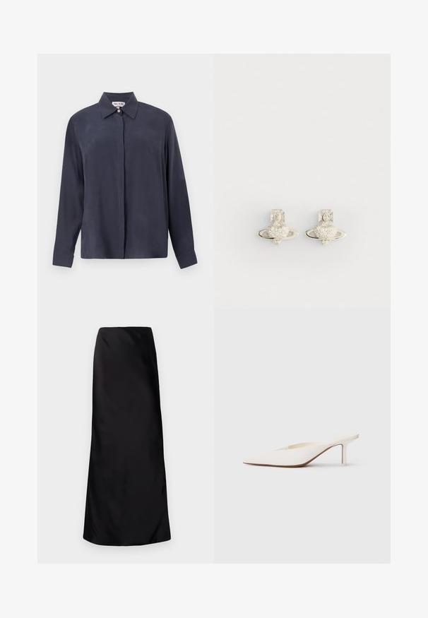 Camicetta a maniche lunghe di un blu navy scuro realizzata in tessuto morbido, con collo classico e chiusura a bottoni. Vestibilità comoda con maniche con polsini.; Norma Kamali BIAS OBIE SKIRT - Gonna lunga - black; Mule bianco a punta con tacco stiletto basso. Realizzato in materiale liscio con un design minimalista e dettagli delicati sulla suola colorato beige.; Orecchini in argento con un design a forma di cuore, contornato da un anello, decorati con piccole pietre trasparenti e un ricco accento a forma di croce.