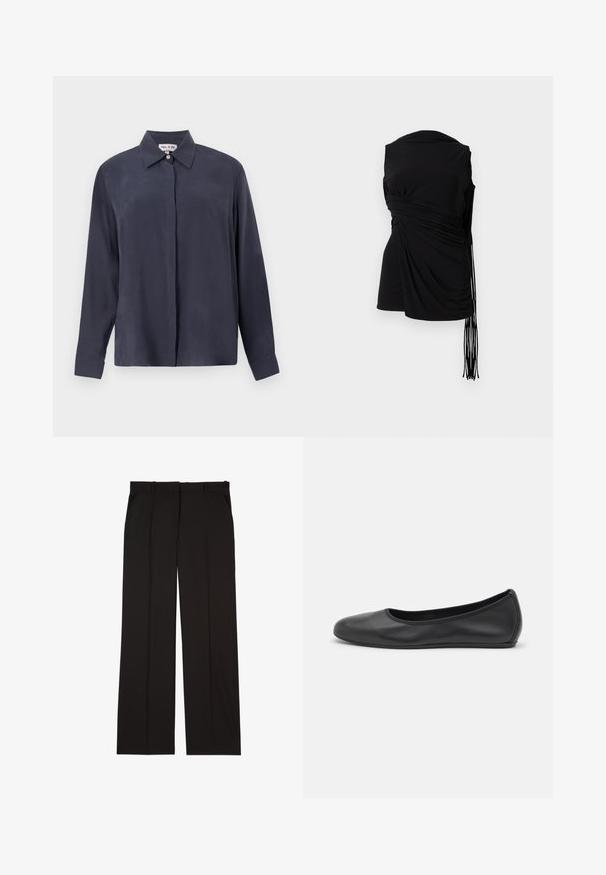 Chemise à manches longues bleu marine foncé en tissu lisse, avec un col classique et une ouverture à boutons à l'avant. Coupe décontractée avec des manches à poignet.; Haut sans manches noir avec un tissu drapé, pli sur le côté et un détail à franges allongé, présentant une texture lisse et une silhouette ajustée.; Pantalons noirs sur mesure en tissu lisse, présentant une coupe droite, avec deux poches latérales. Construction élégante et minimaliste.; Ballerines en cuir noir avec un bout rond, texture lisse, détails de couture minimalistes et design de semelle flexible.