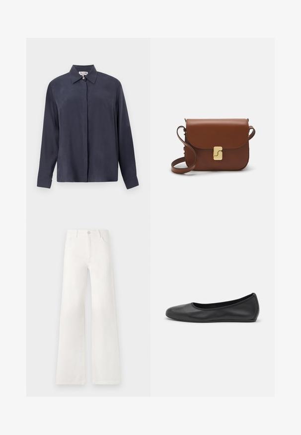 Dark navy long-sleeve shirt made of smooth fabric, featuring a classic collar and button-down front. Relaxed fit with cuffed sleeves.; White short-sleeve t-shirt made of ribbed fabric. Round neckline, regular fit, and subtle stitching details. No patterns or graphics.; White, high-waisted wide-leg jeans made of denim. Features a button closure, two front pockets, and side seams with stitching details.; Black leather ballet flat with a rounded toe, smooth texture, minimal stitching detail, and a flexible sole design.; Brown leather handbag with a flap closure, gold-tone hardware, a shoulder strap, and a smooth texture. Compact rectangular shape.