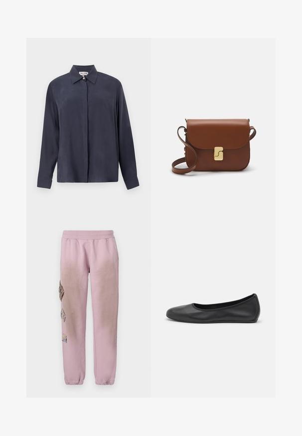 Donker marineblauw langemouwen shirt van gladde stof, met een klassieke kraag en knoopsluiting aan de voorkant. Losse pasvorm met manchetten.; Witte korte mouwen t-shirt van ribstof. Ronde halslijn, normale pasvorm en subtiele stiksels. Geen patronen of grafische elementen.; Roze sweatpants met een elastische tailleband, voorzien van decoratieve patches in ruitvorm aan de linkerkant en elastische boorden bij de enkel.; Zwarte leren ballerina met een ronde neus, gladde textuur, minimale stikdetails en een flexibele zoolontwerp.; Bruine leren handtas met een klep sluiting, gouden hardware, een schouderband en een gladde textuur. Compact rechthoekige vorm.