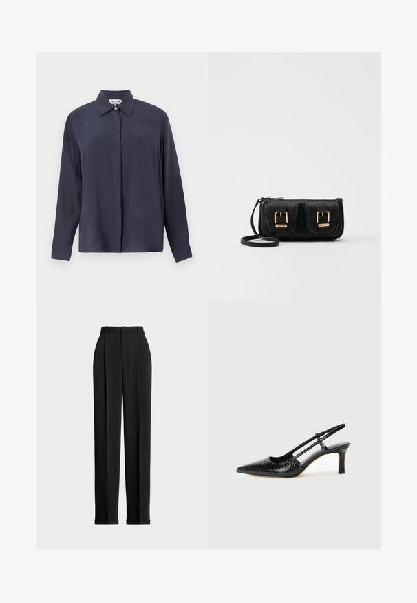 Dark navy long-sleeve shirt made of smooth fabric, featuring a classic collar and button-down front. Relaxed fit with cuffed sleeves.; Black tailored trousers with a high waist, featuring pleats at the front, a straight leg design, and a cuffed hem. Made from smooth fabric.; Black patent slingback heel with a pointed toe, featuring textured snake print, adjustable strap, and a short, textured block heel.; Black leather crossbody bag with two front pockets, gold buckles, zipper closure, and a slim strap. Textured surface and compact rectangular shape.