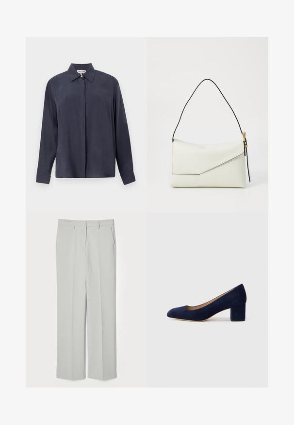 Dunkelblaues Langarmshirt aus glattem Stoff mit klassischem Kragen und Knopfleiste. Lockerer Schnitt mit geknöpften Ärmelbündchen.; Hellgraue, maßgeschneiderte Hosen mit flachem Vorderteil, geraden Beinen und Seitentaschen. Aus glattem Stoff mit einem sauberen, minimalistischen Design.; Marineblaue Wildleder-Pumps mit spitzem Zehenbereich und einem mittelhohen Blockabsatz. Glatte Textur mit einem subtilen Glanz und einem kleinen Ausschnitt an der Vorderseite.; Weiße Lederhandtasche mit einem dreieckigen Klappenverschluss, schwarzem Tragegurt, goldenen Hardware-Akzenten und einer glatten Textur.