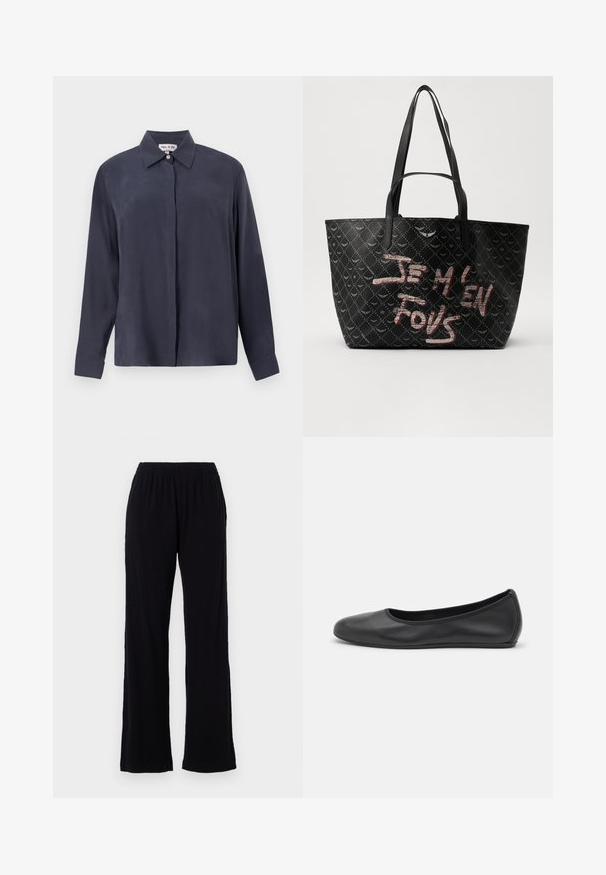 Chemise à manches longues bleu marine foncé en tissu lisse, avec un col classique et une ouverture à boutons à l'avant. Coupe décontractée avec des manches à poignet.; Pantalons légers, noirs, avec une taille élastique et une coupe droite. Texture douce sans motifs ni accents visibles. Style simple et polyvalent.; Ballerines en cuir noir avec un bout rond, texture lisse, détails de couture minimalistes et design de semelle flexible.; Sac fourre-tout noir en matériau texturé arborant un motif en losanges, avec des bretelles et un texte rouge et blanc audacieux inscrivant "JE M'EN FOUS."