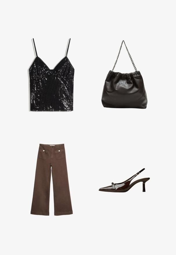 Čierny bezrukávový top s flitrami, tenkými ramienkami a výstrihom do V.; Hnedé široké nohavice vyrobené z bavlny, s dvoma prednými vreckami so striebornými gombíkmi a hladkou textúrou.; Hnedá laková slingback obuv s špicatou špičkou, nízkym opätkom a dekoratívnou mašľou vpredu. Hladká, lesklá štruktúra.; Hnedá kožená taška so zberaným vrchom a reťazovým popruhom. Hladký povrch s lesklým finišom a jemným švom po stranách.