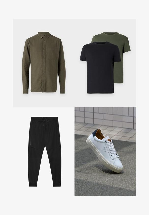 Olivgrünes, knöpfbares Hemd, lange Ärmel, kleiner Kragen, eine Brusttasche, strukturierter Stoff, durchgehende Knopfleiste.; Zwei Rundhals-T-Shirts in Schwarz und Olivgrün, aus weichem Baumwollstoff gefertigt. Das Design ist schlicht mit kurzen Ärmeln und geradem Schnitt.; Schwarze Sporthosen aus strukturiertem Stoff, mit verstellbarem Bund, seitlicher Reißverschlusstasche und schmal zulaufenden Bündchen.; Weiße Ledersneaker mit navyfarbenem Fersenbereich, runder Zehenpartie und kontrastierenden braunen Akzenten. Verfügt über flache Schnürsenkel und eine strukturierte Gummisohle.