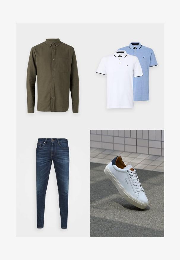 Oliivinvihreä napillinen paita, pitkähiha, pieni kaulus, yksi rintatasku, tekstuuriulkos, etupainatus.; Kaksi polo-paitaa: yksi valkoinen mustilla yksityiskohdilla, toinen vaaleansininen heather. Molemmissa on kaulus ja kaksipainanappinen nappirivistö logolla.; Tummansiniset farkut, joissa on slim fit -leikkaus, hienovarainen haalistuma, viisi taskua ja metallinen napitus. Kontrastiväriset ompeleet.; Valkoinen nahkakenkä, jossa on tummansininen kantapää, pyöreä kärki ja ristikkäiset ruskeat korostukset. Varustettu tasapaksuilla nauhoilla ja teksturoidulla kumipohjalla.