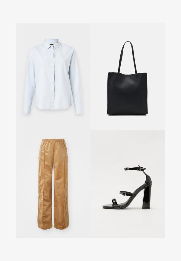 Lichtblauwe blouse met lange mouwen, een puntige kraag, knoopsluiting en zachte stof. Bevat een klein geborduurd logo op de borst.; Tan wijde broek van zacht, fluweelachtig materiaal. Voorzien van een elastische tailleband en verticale naden aan de voorkant voor extra detail.; Zwarte gepatenteerde sandalen met hak en een vierkante neus, enkelbandjes en zilveren gespen. Heeft een stevige blokhak voor stabiliteit.; Zwarte leren handtas met een gladde textuur, rechthoekige vorm en twee lange handvaten. Geen zichtbare hardware of versieringen.