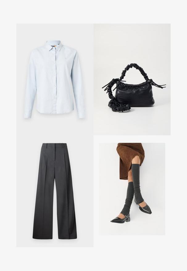 Ανοιχτό μπλε μακρυμάνικο πουκάμισο με μυτερό γιακά, κουμπιά μπροστά και απαλό ύφασμα. Διαθέτει ένα μικρό κεντητό λογότυπο στο στήθος.; Φαρδιά παντελόνια από σκούρο γκρι ύφασμα, με ψηλή μέση, μονές πτυχές και λεία υφή με καθαρή τελείωση στις άκρες.; Μαύρες πατεν leather γόβες με αιχμηρή μύτη, τετράγωνη φτέρνα και λουράκι αστραγάλου, συνδυασμένες με γκρι ριγέ ζεστά ποδιές και καφέ σουέντ φούστα.; Μαύρη τσάντα από faux δέρμα με υφή κροκοδείλου, κλειστή στο επάνω μέρος και με ρυτιδωμένο λουρί. Φαίνεται μαλακή και συμπαγής στο σχέδιο.