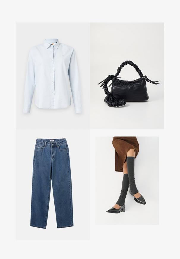 Helles blaues Langarmhemd mit spitzem Kragen, Knopfleiste und weichem Stoff. Verfügt über ein kleines gesticktes Logo auf der Brust.; Klassische blaue Denim-Jeans mit geradem Bein, fünf Taschen und Knopfverschluss. Sie verfügen über eine mittelblau gewaschene Optik und sind aus robuster Textur.; Schwarze lacklederne spitze Schuhe mit Blockabsatz und Knöchelriemen, kombiniert mit grauen gerippten Beinstulpen und einem braunen Wildlederrock.; Schwarze Handtasche aus Kunstleder mit Krokodilstruktur, gerafftem oberen Teil und einem geschoppten Tragegurt. Sie wirkt weich und kompakt im Design.