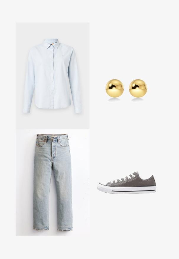 Light blue long-sleeve shirt with a pointed collar, button front, and soft fabric. Features a small embroidered logo on the chest.; Light blue denim jeans with a straight leg design, featuring distressed hem, copper rivets, and a classic five-pocket style.; Gray canvas sneaker with white rubber sole, black stripe, and metal eyelets. Features round toe, low-top design, and textured fabric.; Gold-colored spherical earrings with a shiny, reflective surface. The design is simple and smooth, creating a modern, minimal look.