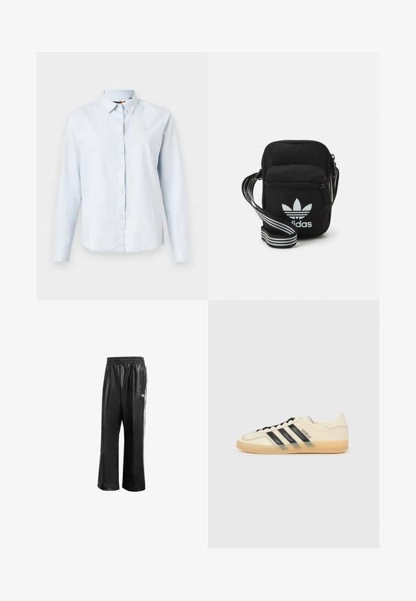 Svetlo modrá dlhá blúzka s výstrihom do špičky, zapínaním na gombíky a mäkkou tkaninou. Na hrudi sa nachádza malé vyšívané logo.; Čierne syntetické teplákové nohavice s elastickým pásom, s bielymi bočnými pruhmi a malým bielym logom na ľavom boku.; Svetlo krémové tenisky s čiernym trojprúžkom, textúrovaným vrchom, okrúhlou špičkou a gumovou podrážkou. Obsahujú šnúrky a branding na boku.; Čierna textilná crossbody taška so zipsovým uzáverom, ktorá má biele logo Adidas a pruhovaný nastaviteľný popruh pre jednoduché nosenie.